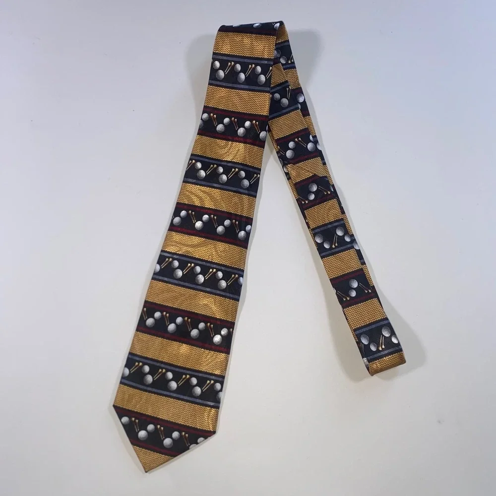 Steven Harris‎ Mens Golf Ball and Tee Striped Gold Black Polyester Necktie Tie